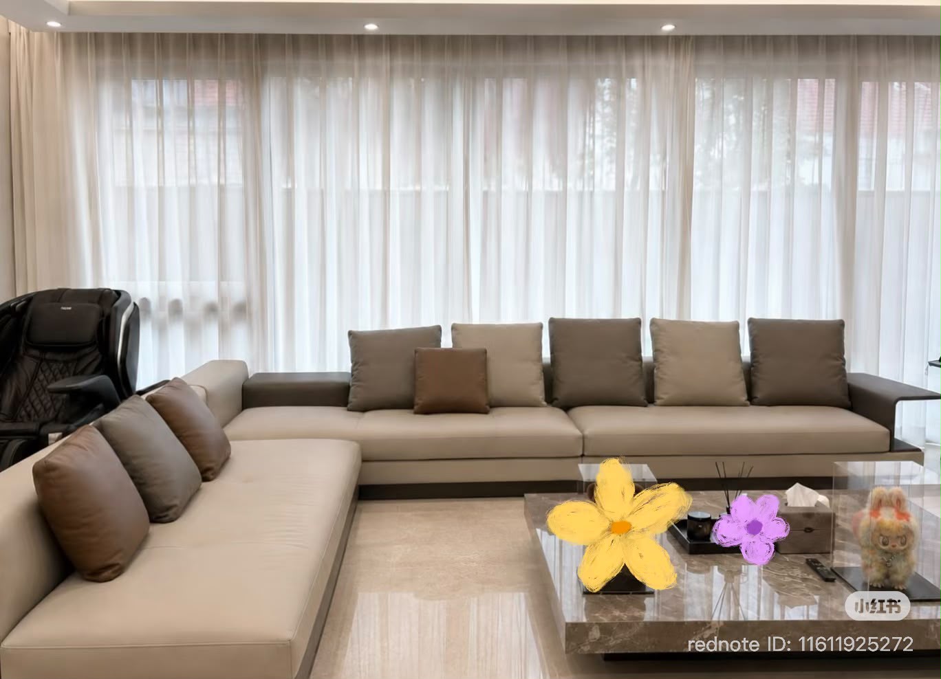 Completed L-shaped sofa in light-coloured genuine cowhide leather at a Sommerville residence